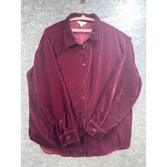 Womens XXL Time And Tru Burgundy Velvet Button-Down Shirt Collared Long Sleeve - Picture 1 of 5